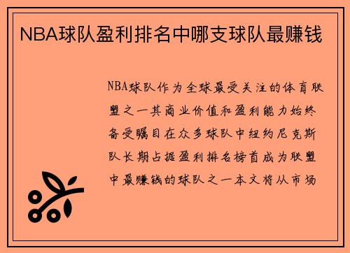 NBA球队盈利排名中哪支球队最赚钱